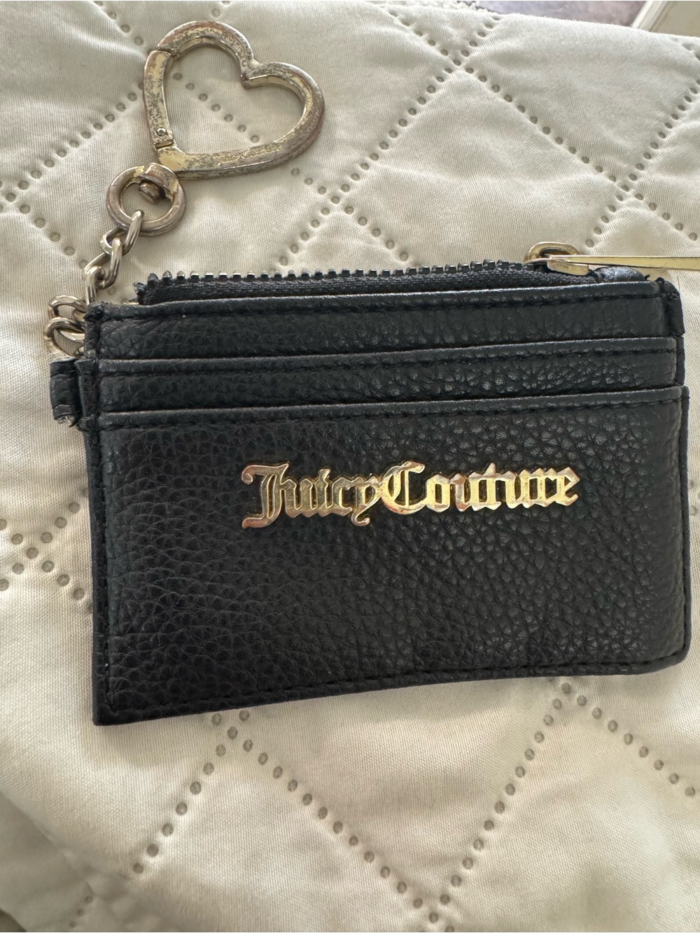Juicy Couture Black Pebbled Leather Card Case with Gold Logo Keychain